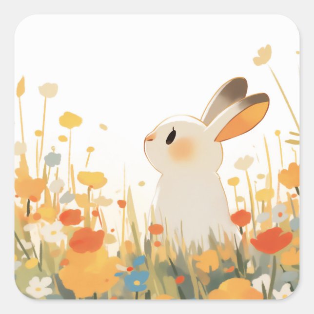Pegatina Cuadrada Conejo blanco kawaii en pradera de flores silvestr (Anverso)
