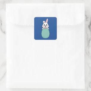 Pegatina Cuadrada Conejo blanco lindo con huevo de Pascua