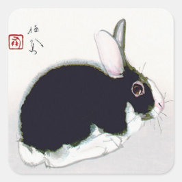 Pegatina Cuadrada Conejo blanco y negro vintage, arte japonés