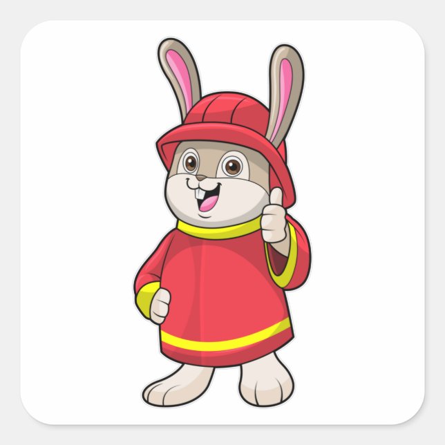 Pegatina Cuadrada Conejo como bombero con casco (Anverso)