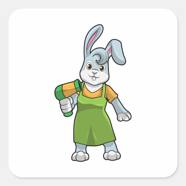 Pegatina Cuadrada Conejo como peluquería con secador de pelo (Anverso)