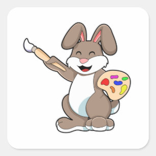 Pegatina Cuadrada Conejo como pintador con pincel y pintura