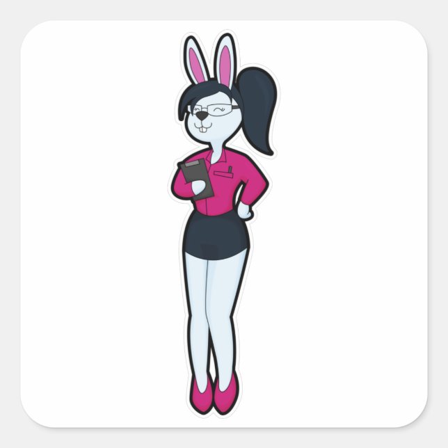 Pegatina Cuadrada Conejo como secretario con Notepad y Glasses (Anverso)