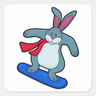 Pegatina Cuadrada Conejo como snowboard con Snowboard y Scarf