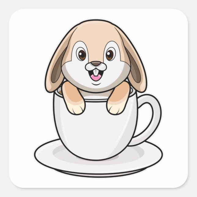 Pegatina Cuadrada Conejo con Copa de Café (Anverso)