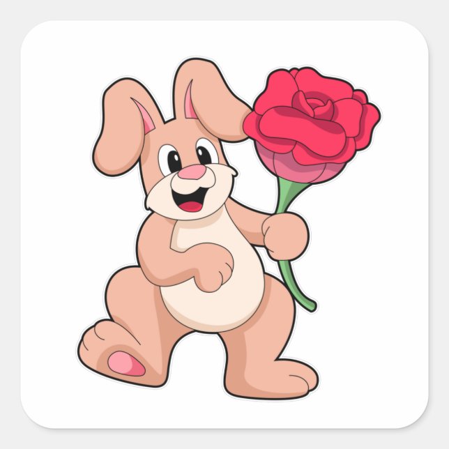 Pegatina Cuadrada Conejo con rosa roja (Anverso)