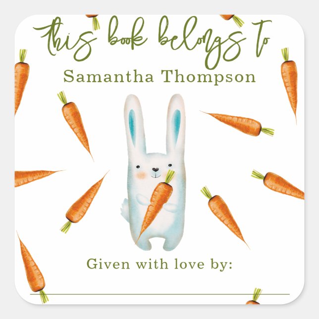Pegatina Cuadrada Conejo con zanahorias - este libro pertenece a (Anverso)