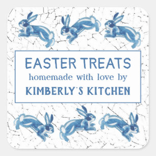 Pegatina Cuadrada Conejo conejo conejo azul de Pascua Personalizado 