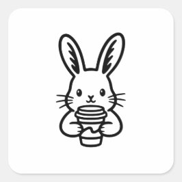 Pegatina Cuadrada Conejo curioso con taza de café