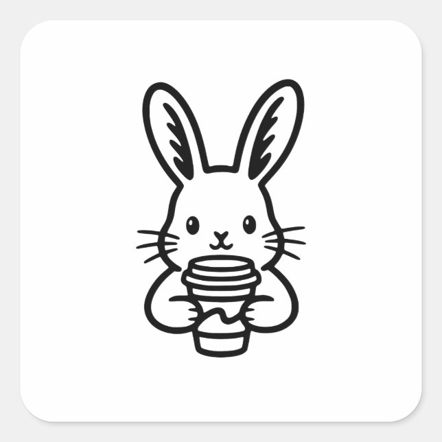 Pegatina Cuadrada Conejo curioso con taza de café (Anverso)