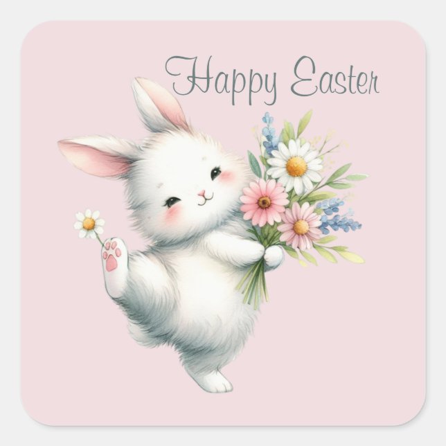 Pegatina Cuadrada Conejo Cute Happy Easter (Anverso)