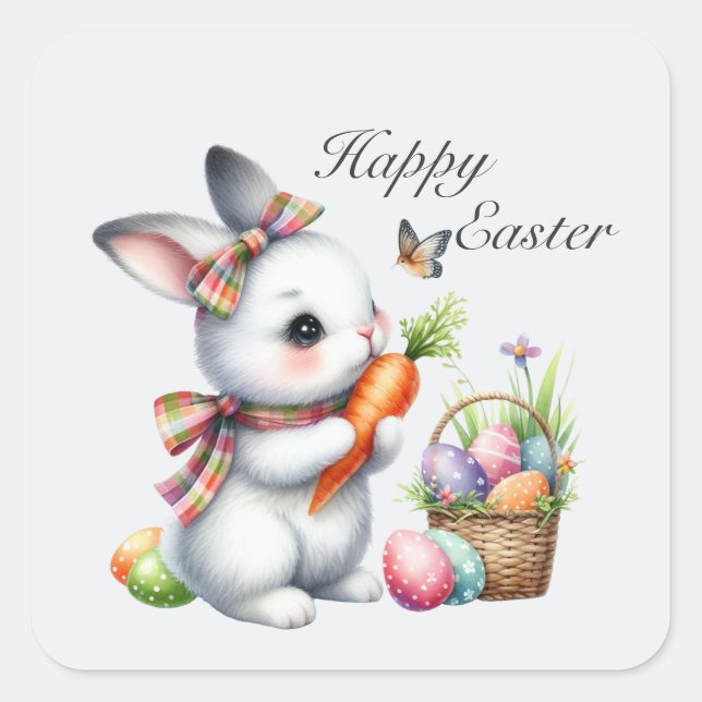 Pegatina Cuadrada Conejo Cute Happy Easter (Anverso)