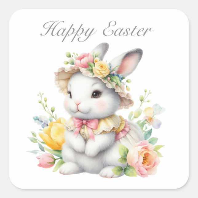 Pegatina Cuadrada Conejo Cute Happy Easter (Anverso)