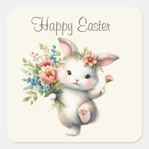Pegatina Cuadrada Conejo Cute Happy Easter
