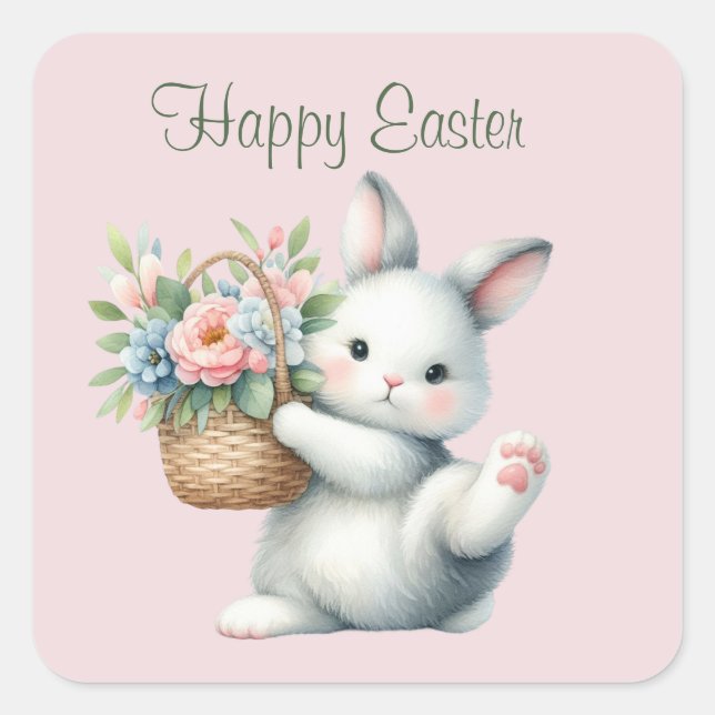 Pegatina Cuadrada Conejo Cute Happy Easter (Anverso)