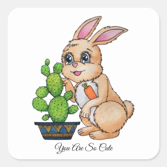 Pegatina Cuadrada Conejo De Acuarela Y Cactus Cute (Anverso)