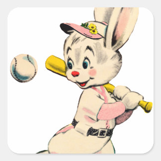 Pegatina Cuadrada Conejo De Béisbol En Rosa