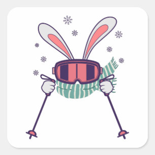 Pegatina Cuadrada Conejo de esquí con polos de esquí, gafas de esq