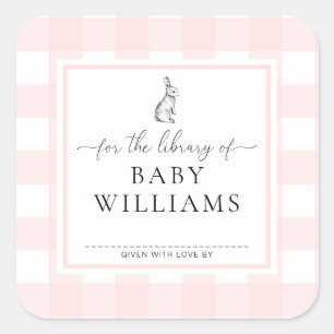 Pegatina Cuadrada Conejo De Gingham Rosa Para La Biblioteca De Ex Li