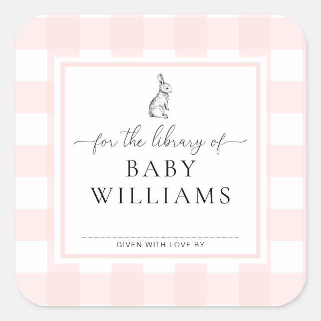 Pegatina Cuadrada Conejo de Gingham Rosa para la Biblioteca de Exlib (Anverso)