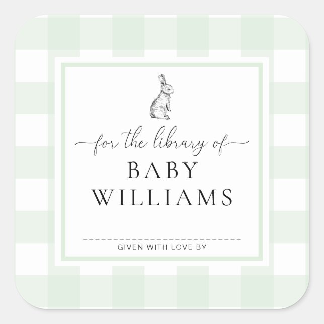 Pegatina Cuadrada Conejo De Gingham Verde Para La Biblioteca De Ex L (Anverso)