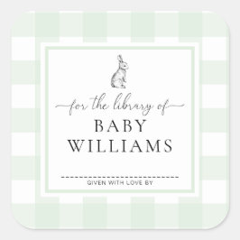 Pegatina Cuadrada Conejo De Gingham Verde Para La Biblioteca De Ex L