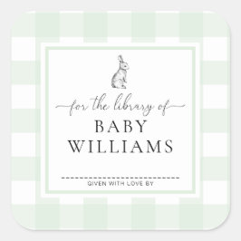 Pegatina Cuadrada Conejo de Gingham Verde para la Biblioteca de Exli