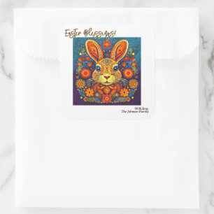 Pegatina Cuadrada Conejo de Pascua - Arte Folclórico - Pascua Person