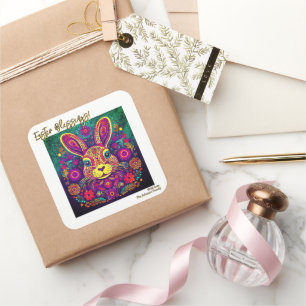 Pegatina Cuadrada Conejo de Pascua - Arte Popular - Pascua Personali