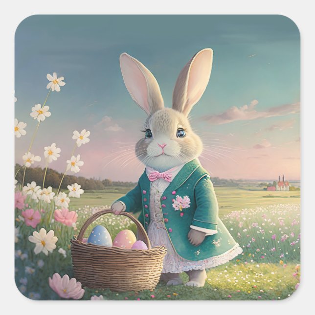 Pegatina Cuadrada Conejo de Pascua con chaqueta azul (Anverso)