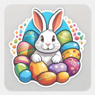 Pegatina Cuadrada Conejo de Pascua con huevos.