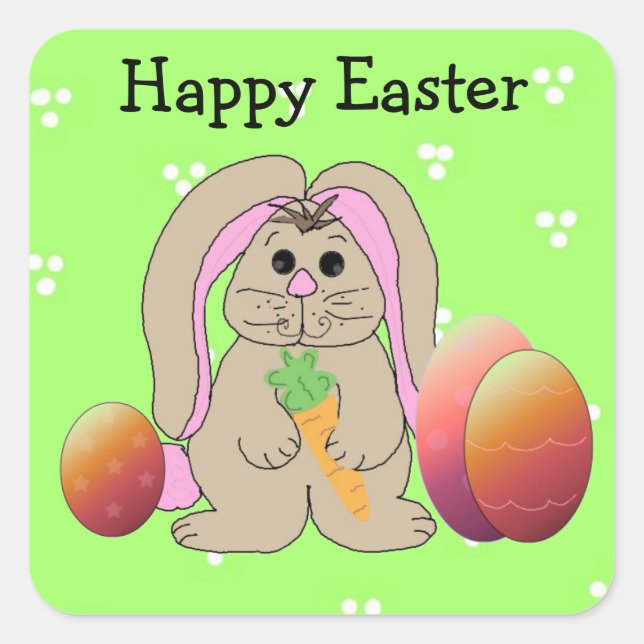 Pegatina Cuadrada Conejo de Pascua con Huevos (Anverso)