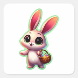 Pegatina Cuadrada Conejo de Pascua en Acuarela Feliz