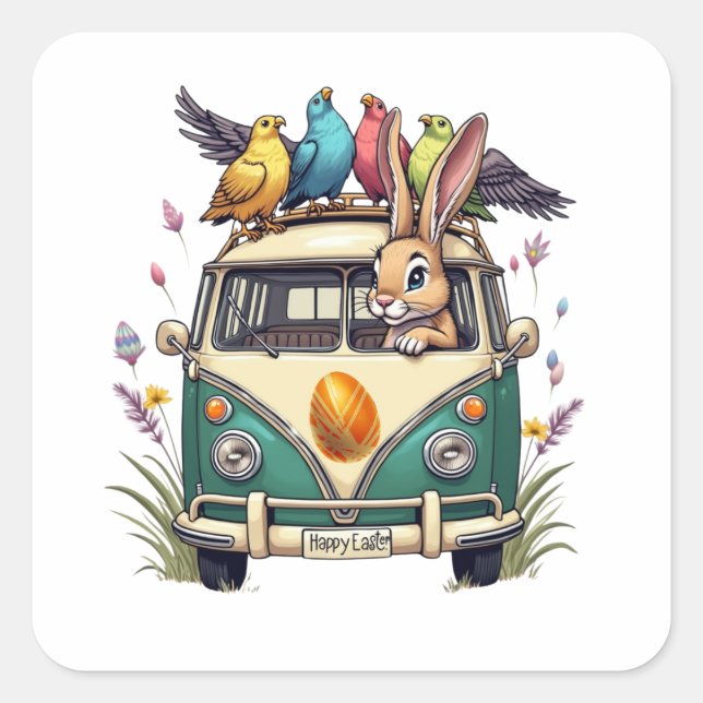 Pegatina Cuadrada Conejo de Pascua en bus con amigos de aves - Ce de (Anverso)