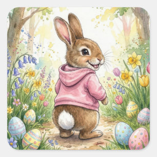 Pegatina Cuadrada Conejo de Pascua en un jardín de primavera