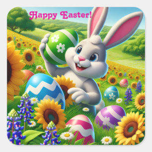 Pegatina Cuadrada Conejo de Pascua feliz