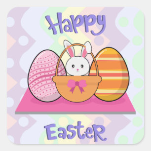 Pegatina Cuadrada Conejo de Pascua Feliz Cesta de Huevos Cute Pascua