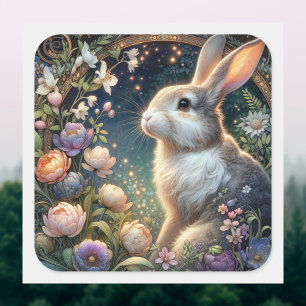 Pegatina Cuadrada Conejo de Pascua floral Art Nouveau elegante