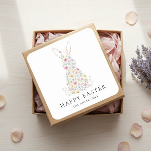 Pegatina Cuadrada Conejo de Pascua floral personalizado   Personaliz