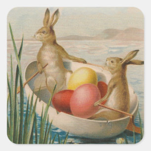 Pegatina Cuadrada Conejo de Pascua Huevo de Colores Barco