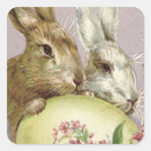Pegatina Cuadrada Conejo de Pascua Huevo Pintado de Colores Flor Ros