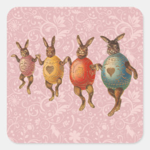 Pegatina Cuadrada Conejo de Pascua Huevos Bailando