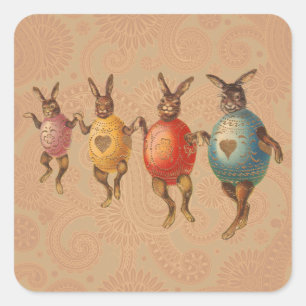 Pegatina Cuadrada Conejo de Pascua Huevos Bailando