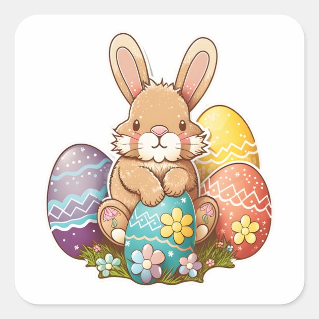 Pegatina Cuadrada Conejo De Pascua Jugado Con Huevos (Anverso)