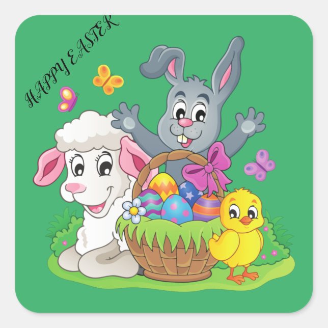 Pegatina Cuadrada ¡Conejo de Pascua, pegatinas de cordero y pollo! (Anverso)