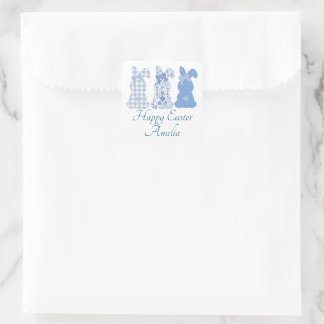 Pegatina Cuadrada Conejo de Pascua personalizado Coquette azul blanc