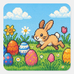 Pegatina Cuadrada conejo de Pascua/rabbit lindo de 8 bits