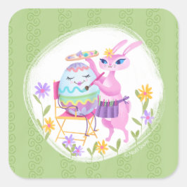 Pegatina Cuadrada Conejo de Pascua Rosa |