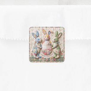 Pegatina Cuadrada Conejo de Pascua Vintage Estampado de Colcha de Pa