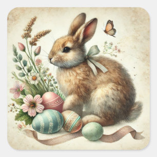 Pegatina Cuadrada Conejo de Pascua vintage huevo acuarela